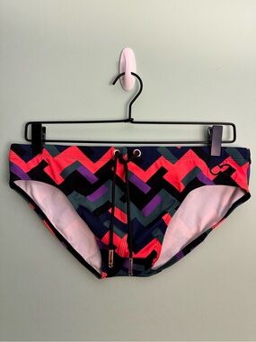 Men’s 2EROS V10 Swim Brief in Orange/Green/Purple Geometric Print Size L (34-35)